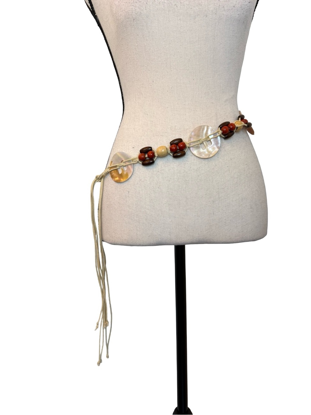 Boho Shell Disc & Wooden Bead Tie Waist Belt Festival Coastal Grandma